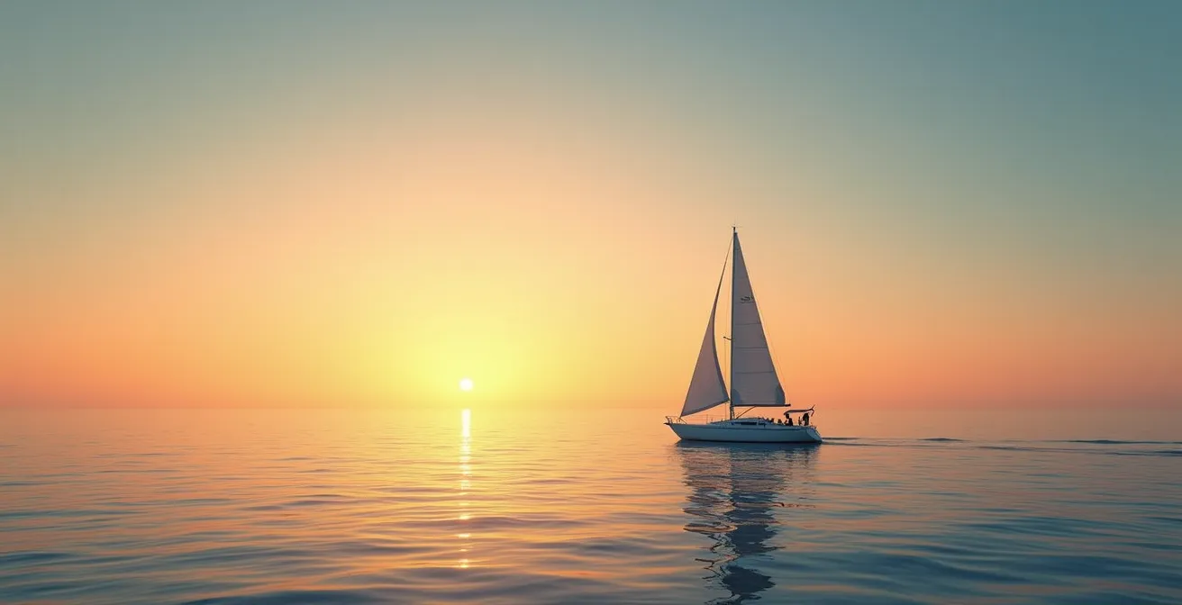 Vue panoramique minimaliste de la Méditerranée avec voilier solitaire au coucher du soleil