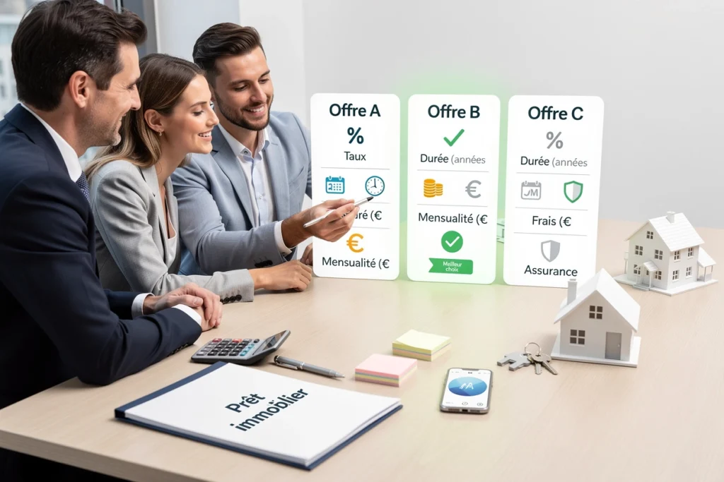 Un banquier discute avec un couple et compare différentes offres de banques