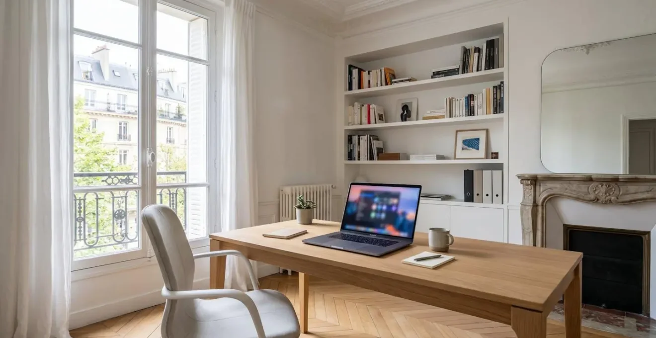 Bureau lumineux minimaliste avec ordinateur portable ouvert sur un écran flouté, carnet et plante verte, grande fenêtre laissant entrer la lumière naturelle