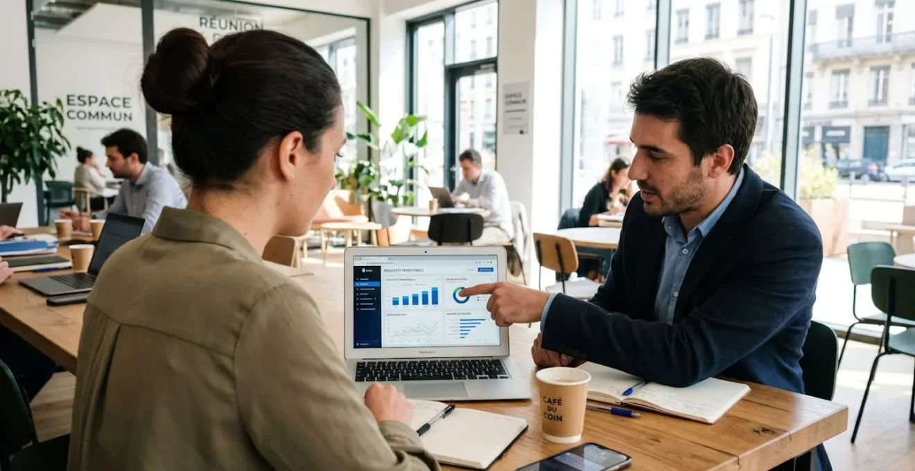 Un conseiller et un freelance vus de dos consultent ensemble un écran d'ordinateur portable dans un espace de coworking moderne et lumineux