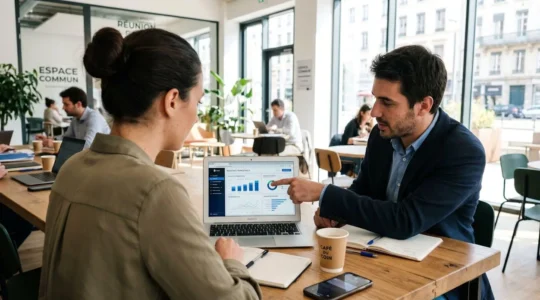 Un conseiller et un freelance vus de dos consultent ensemble un écran d'ordinateur portable dans un espace de coworking moderne et lumineux