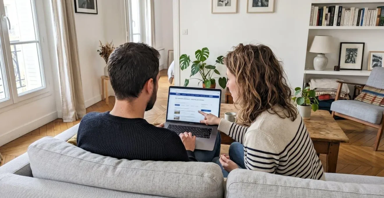 Un couple assis côte à côte consulte ensemble un écran d'ordinateur portable dans un salon lumineux et moderne