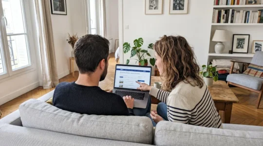 Un couple assis côte à côte consulte ensemble un écran d'ordinateur portable dans un salon lumineux et moderne