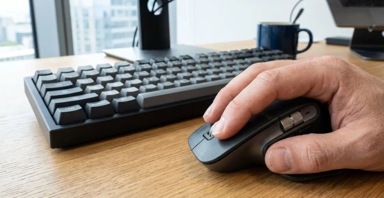 Vue en gros plan d'une main posée sur une souris d'ordinateur moderne, avec un clavier flouté en arrière-plan sur un bureau épuré