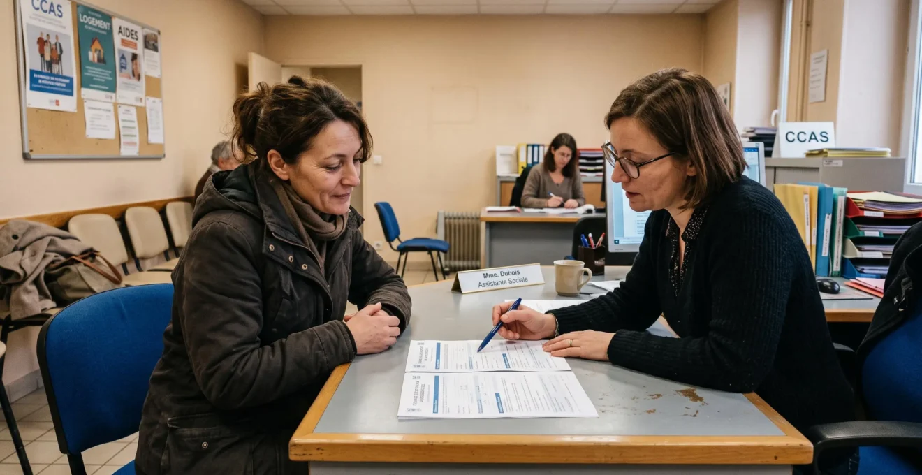 Une femme échange avec une travailleuse sociale à un guichet d'accueil social en France, un formulaire d'aide posé sur le comptoir.