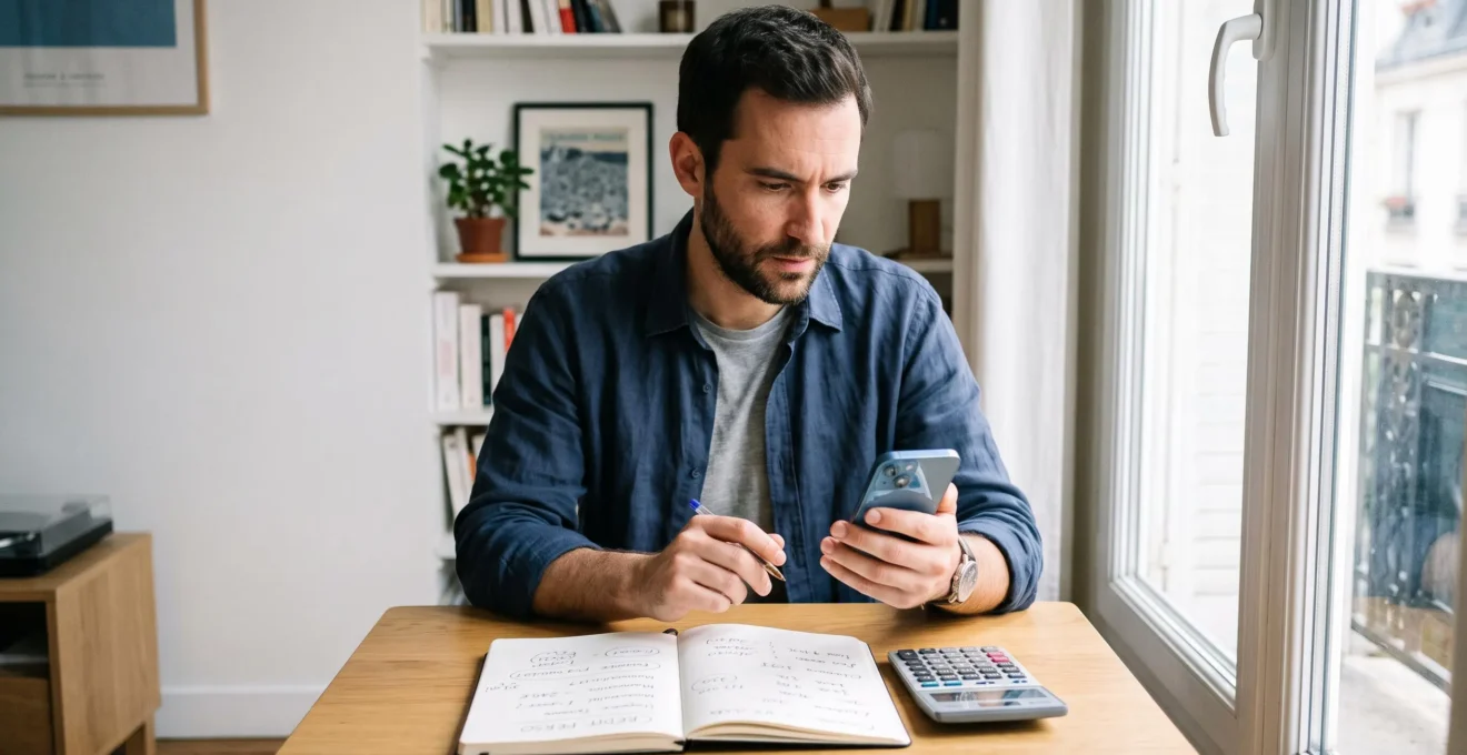 Un homme assis à une table consulte une demande de crédit sur son smartphone, un carnet et une calculatrice à côté de lui.