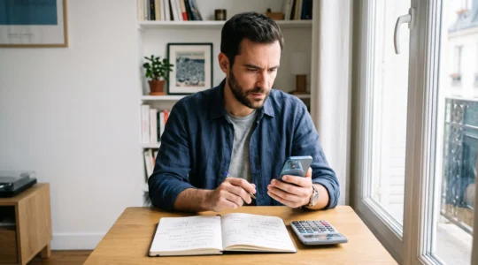 Un homme assis à une table consulte une demande de crédit sur son smartphone, un carnet et une calculatrice à côté de lui.